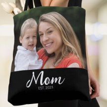 Mom Established Script Black Photo Tote Bag
