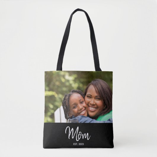 Mom Established Script Black Photo Tote Bag Tasche (Vorderseite)