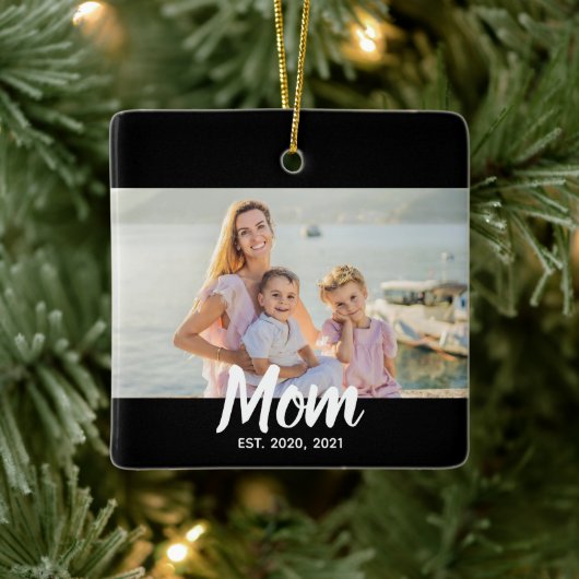 Mom Established Script Photo Custom Date Keramikornament (Baum)
