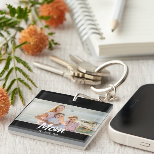 Mom Established Script Photo Custom Date Schlüsselanhänger (Vorderseite rechts)