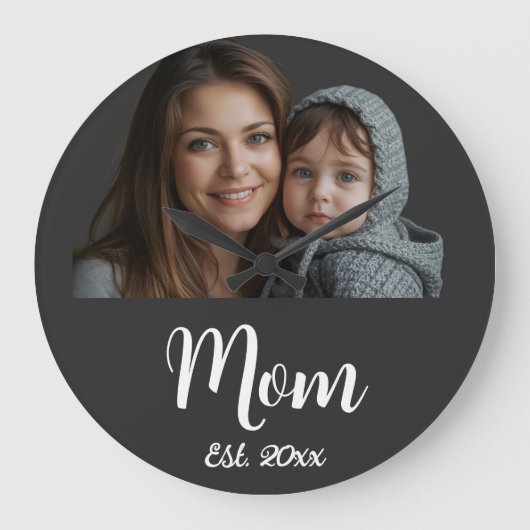 Mom Established Year Black Modern Script Große Wanduhr (Vorderseite)