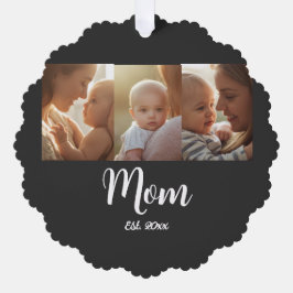 Mom Established Year Modern Script Black 3 Photo Ornament Karte