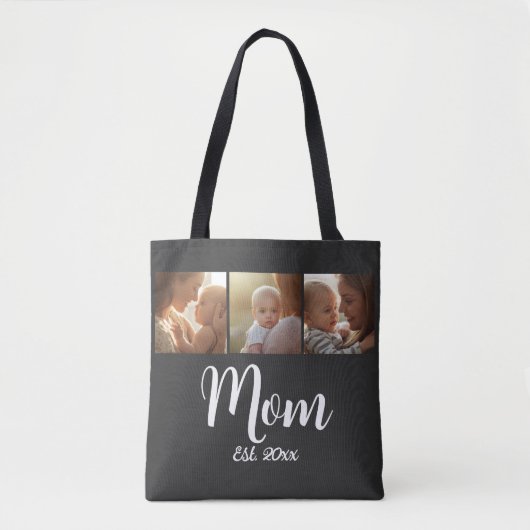 Mom Established year Script Black 3 Photo Tote Tasche (Vorderseite)
