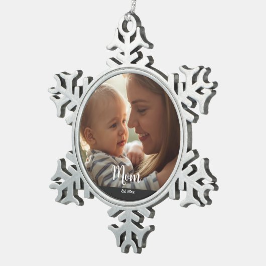 Mom Established Year Script Photo Schneeflocken Zinn-Ornament (Rechts)