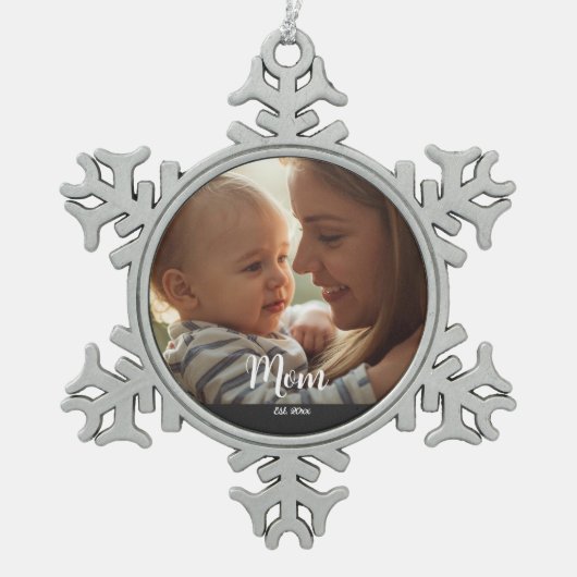 Mom Established Year Script Photo Schneeflocken Zinn-Ornament (Vorderseite)