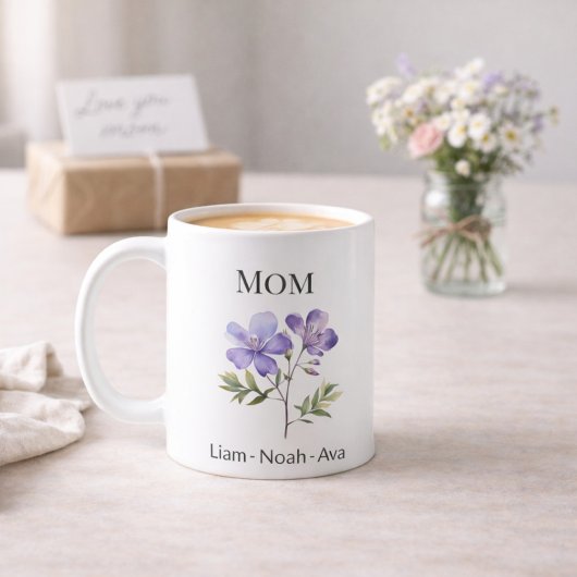 Mom February Birth Flower with Kids Names Kaffeetasse
