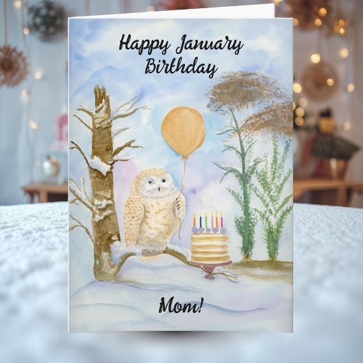 Mom Happy January Birthday Owl Cake Karte