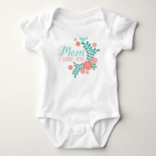 Mom ich liebe dich Text, blauer Vogel, rosa Blumen Baby Strampler