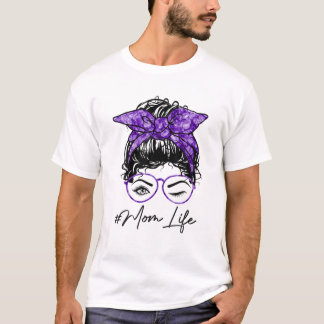 Mom Life Messy Bun Wink Eye Purple Headband Mother T-Shirt