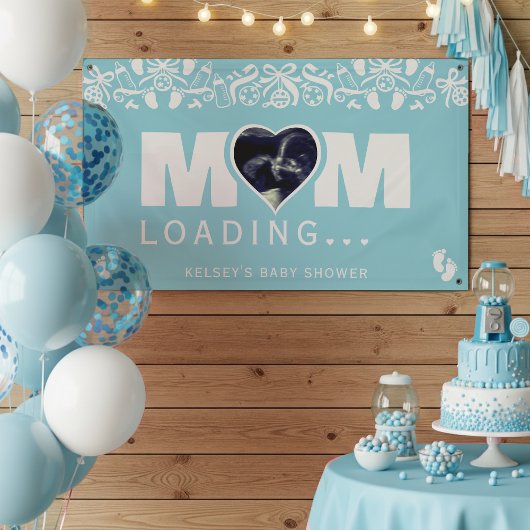 Mom Loading Photo Ultrasound Blue Baby Shower Banner
