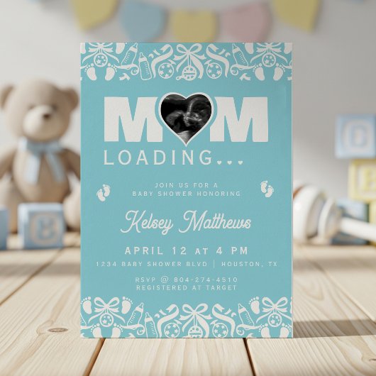 Mom Loading Ultrasound Photo Blue Baby Shower Einladung