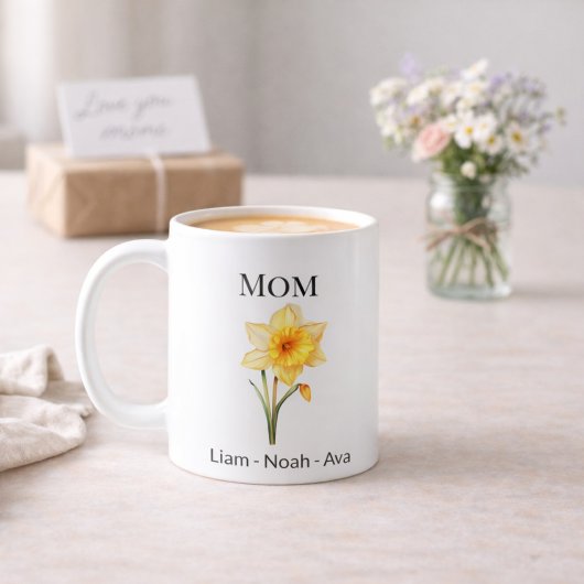 Mom March Birth Flower with Kids Names Kaffeetasse