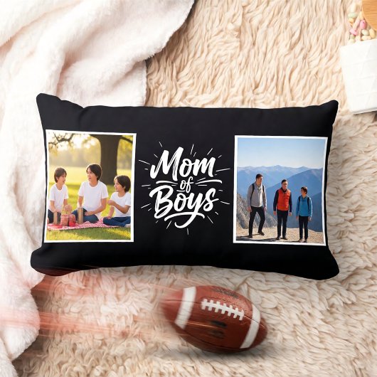 Mom of Boys Brush Script Double Photo Black Lendenkissen