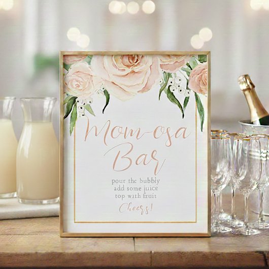 Mom-osa Bar Pink Floral Baby Shower Table Sign Poster