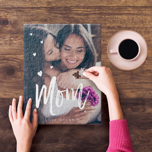 Mom Script & Hearts Overlay Modern Foto Family Puzzle