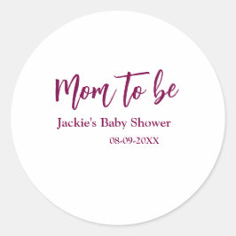 Mom to be baby shower name date pink simple minima runder aufkleber