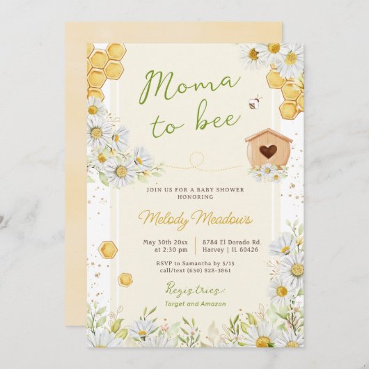 Moma to Bee Honeybee Wildblume Yellow Baby Shower Einladung (Vorne/Hinten)