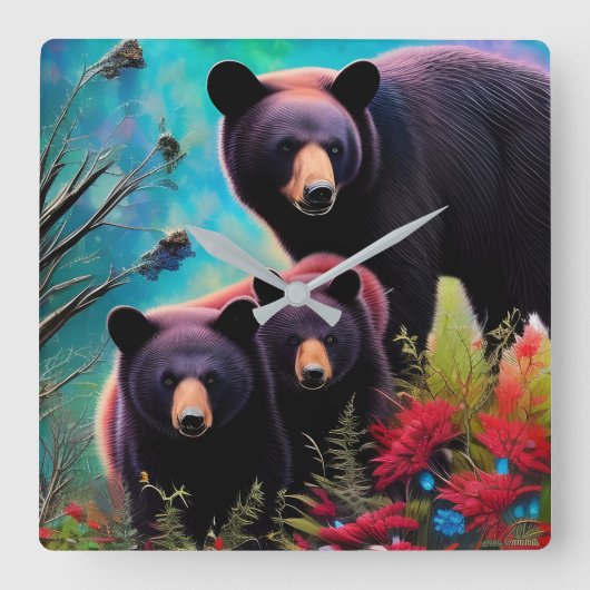 Momma Bear und Cubs Quadratische Wanduhr (Vorderseite)