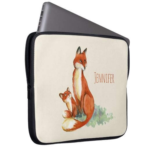 Momma Fox und Baby Watercolor Illustration Laptopschutzhülle (Vorne Rechts)