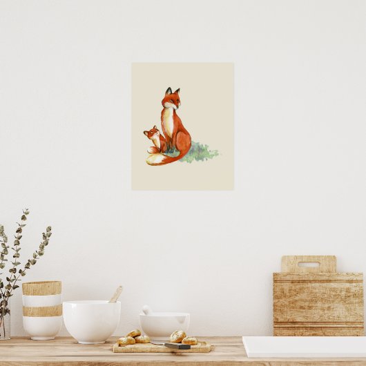 Momma Fox und Baby Watercolor Illustration Poster (Küche)