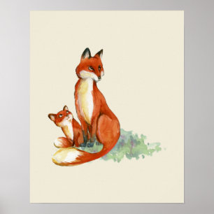 Momma Fox und Baby Watercolor Illustration Poster