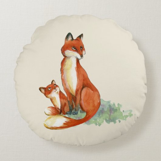 Momma Fox und Baby Watercolor Illustration Rundes Kissen (Vorderseite)