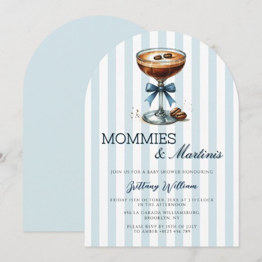 Mommies und Martinis Blue Bow Arch Baby Shower Einladung (Vorne/Hinten)