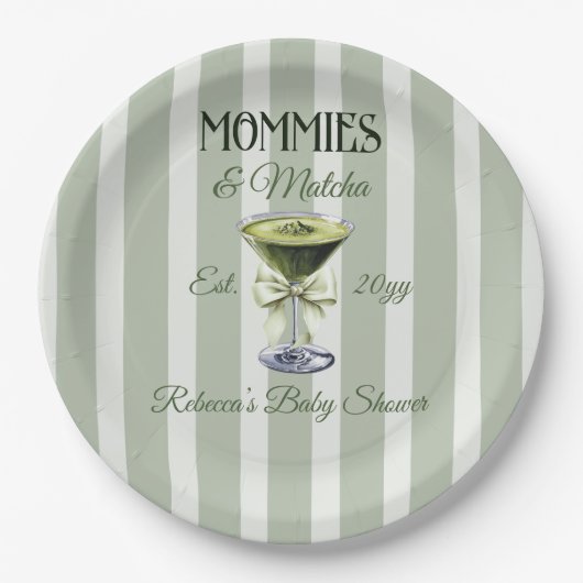 Mommies und Matcha Olive Green Bow Baby Shower Pappteller (Vorderseite)