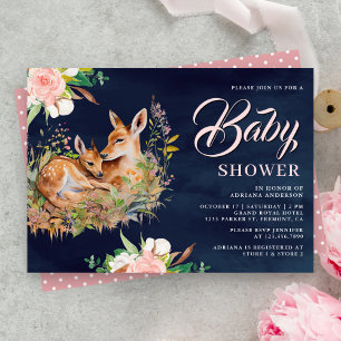 Mommy and Baby Deer Floral Navy Blue Baby Dusche Einladung