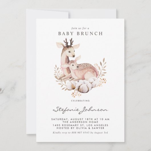 Mommy and Baby Deer Woodland Baby Brunch Einladung (Vorderseite)