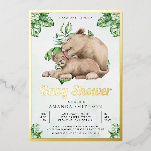 Mommy and Baby Lion Cub Jungle Baby Shower Gold Folieneinladung (Vorderseite)