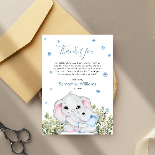 Mommy Baby Elephant Blue Watercor Baby Dusche Dankeskarte