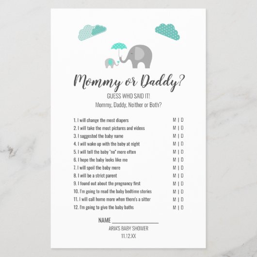 Mommy Baby Elephant mit Wolken Mommy/Daddy Game Flyer (Vorne)