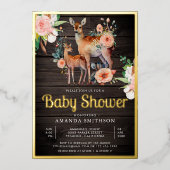 Mommy Baby Floral Deer Wood Baby Dusche Gold Folieneinladung (Vorderseite)