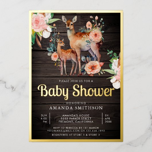 Mommy Baby Floral Deer Wood Baby Dusche Gold Folieneinladung (Vorderseite)