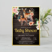 Mommy Baby Floral Deer Wood Baby Dusche Gold Folieneinladung (Stehend vorne)