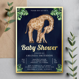 Mommy Baby Giraffe Safari Navy Baby Shower Gold Folieneinladung