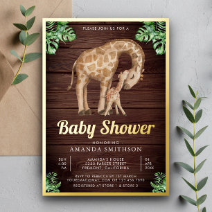 Mommy Baby Giraffe Safari Wood Baby Shower Gold Folieneinladung
