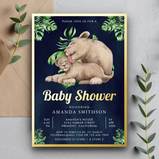 Mommy Baby Lion Cub Jungle Navy Baby Dusche Gold Folieneinladung
