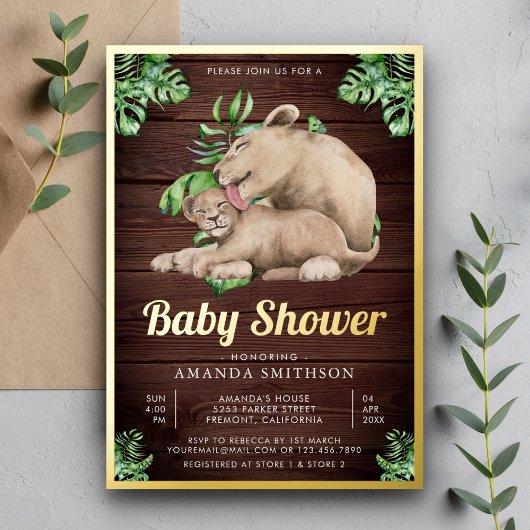 Mommy Baby Lion Cub Jungle Wood Baby Dusche Gold Folieneinladung