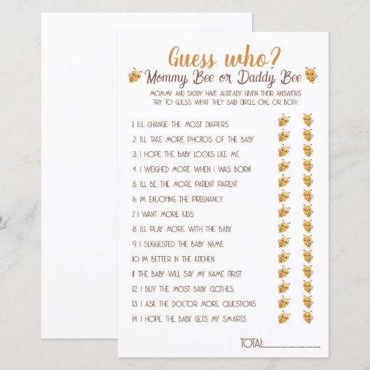 Mommy Bee oder Daddy Bee Guess Who Baby Showspiel (Vorne/Hinten)