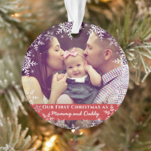 Mommy Daddy First Christmas Snowflakes Rotes Foto Ornament