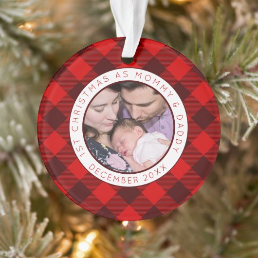 Mommy Daddy Foto Red Kariert Ornament (Baum)