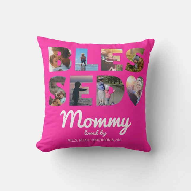 Mommy gesegnet FotoCollage Personalisiert Hot Pink Kissen (Vorderseite)