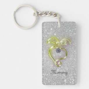 Mommy Golden Heart mit Diamond und Glitzern Schlüsselanhänger