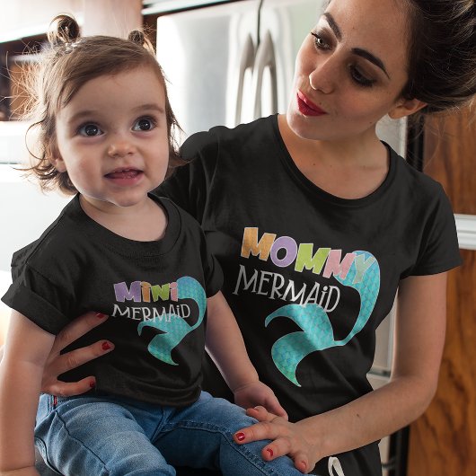 Mommy & Mini Mermaid Matching Parent Kid Mama Blac T-Shirt