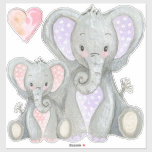 Mommy n Baby Adorable Pink Heart Lavender Elephant Aufkleber