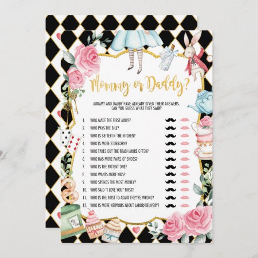 Mommy oder Daddy | Alice in Wonder Baby Showgame Einladung (Vorne/Hinten)