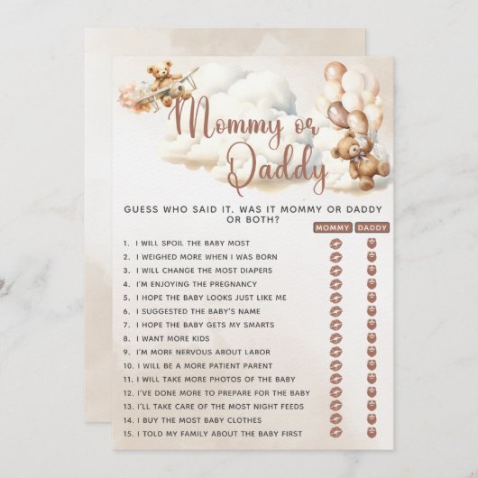 MOMMY ODER DADDY Baby Duschkabine Bärenballons Einladung (Vorne/Hinten)