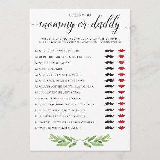 Mommy oder Daddy Baby Shower Game Green Thema (Vorderseite)